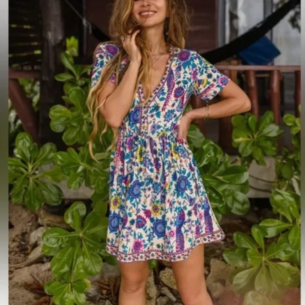 Mora Floral Bird Boho Mini Dress M - Picture 3 of 16
